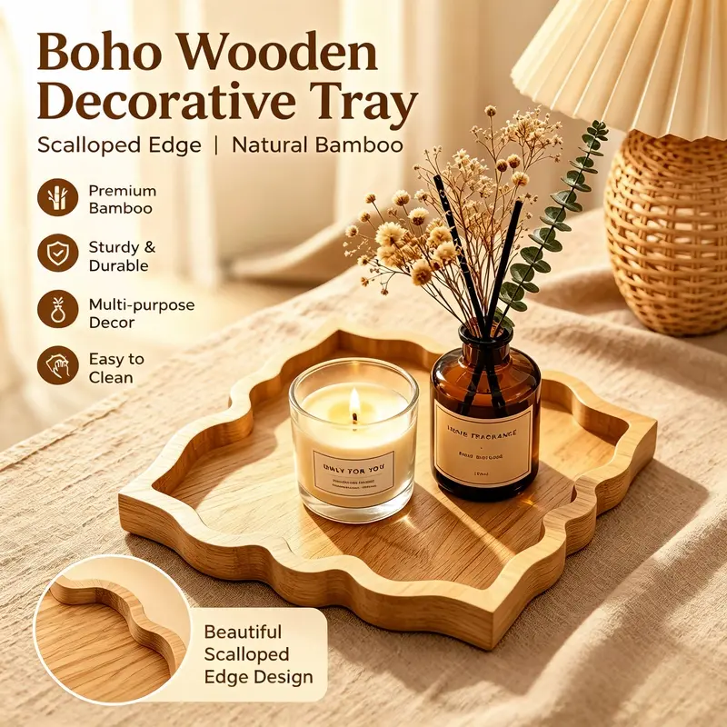 1PC Boho Flower Wooden Tray, Handmade Bamboo Decorative Storage Tray, Scalloped Vanity Tray for Jewelry, Candles, Perfume, Coffee Table & Bathroom Decor