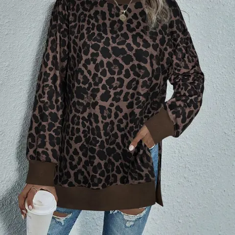 Women's Vintage Leopard Print Round Neck, Colorblock Ribbed Side Split Loose Long Top, Casual Daily Wear, Casual Cozy Pullover, Coffee Shop, Street Style