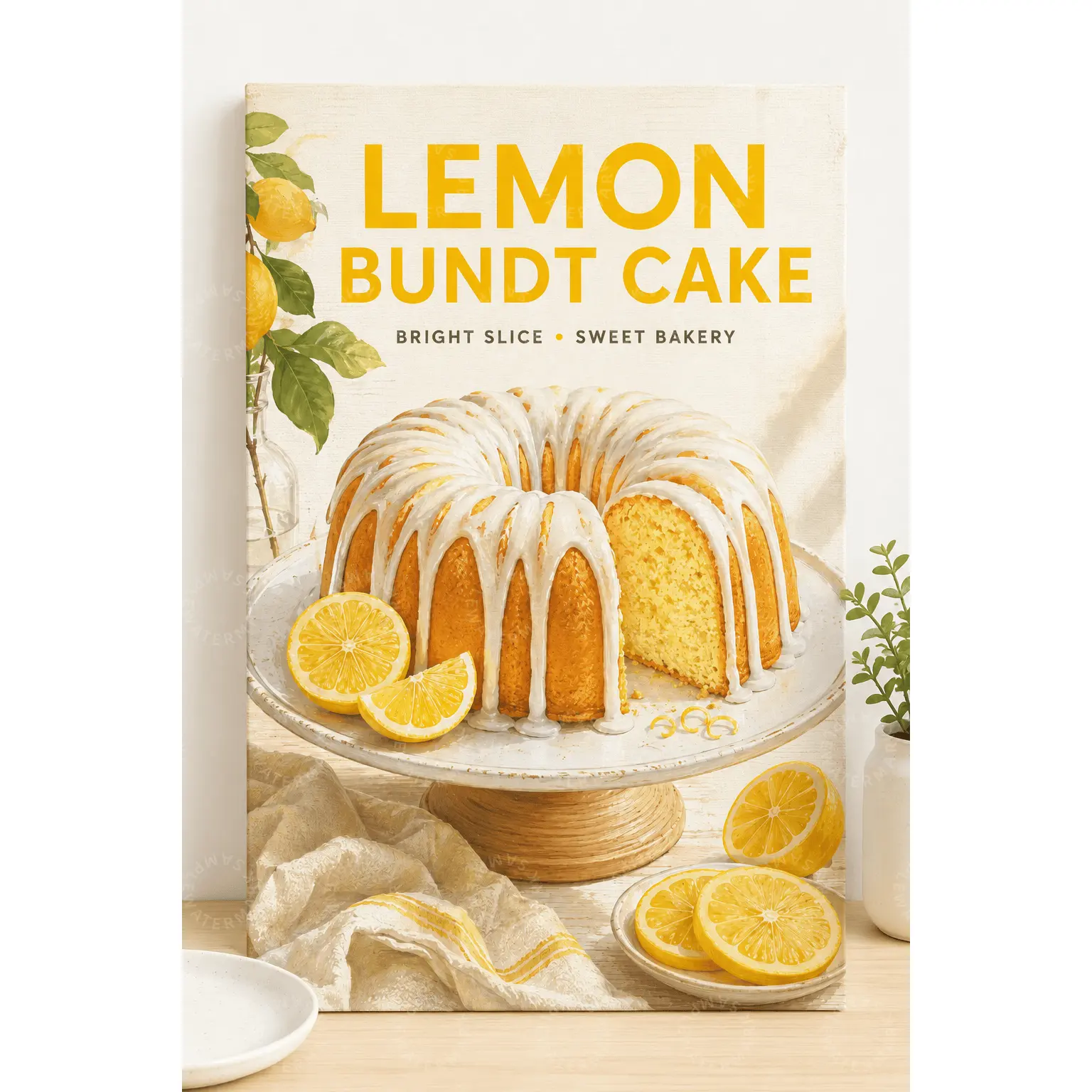 Lemon Bundt Cake Canvas Wall Art, Yellow Dessert Kitchen Poster, Sweet Bakery Food Print, Farmhouse Dining Room Decor, Living Room Bedroom Office Wall Art, Bright Aesthetic Gift for Dessert Lovers