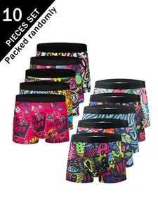 10-Pack Men's Colorful Graffiti Print Boxer Briefs, Casual Style Underwear, Fun Random Patterns, Soft Comfortable, Slim Fit, Casual Daily Wear