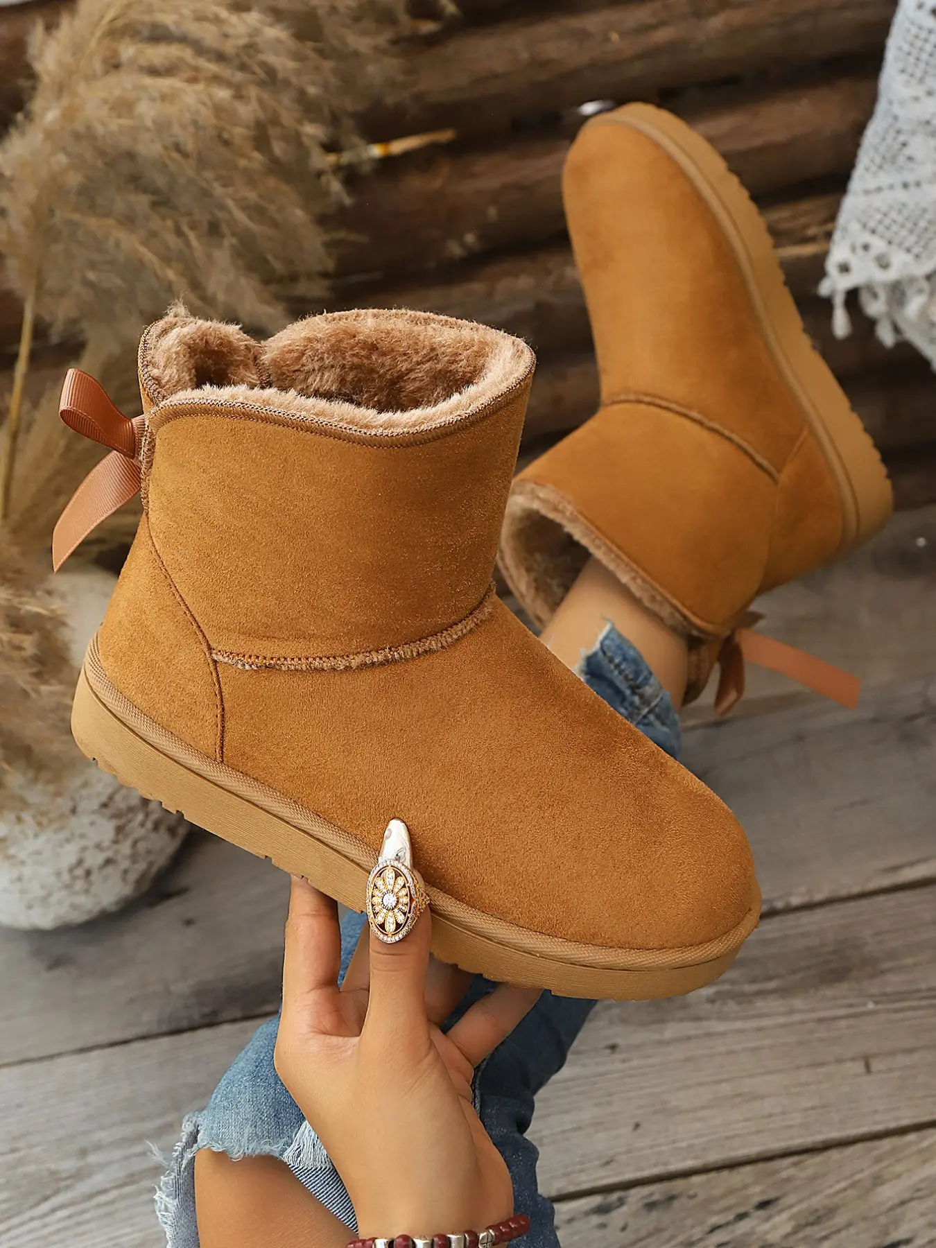 Women's Winter Faux Fur Snow Boots, Casual Short Tube Design, Non-Slip Rubber Sole, Sweet Bow Detail, Warm Cotton Shoes, Anti Slip Boots