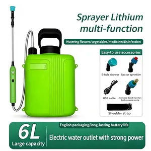 Battery-powered backpack sprayer with a 6-liter capacity, telescopic pole and nozzle, rechargeable garden sprayer equipped with a battery indicator, suitable for lawns, yards, and pest control.