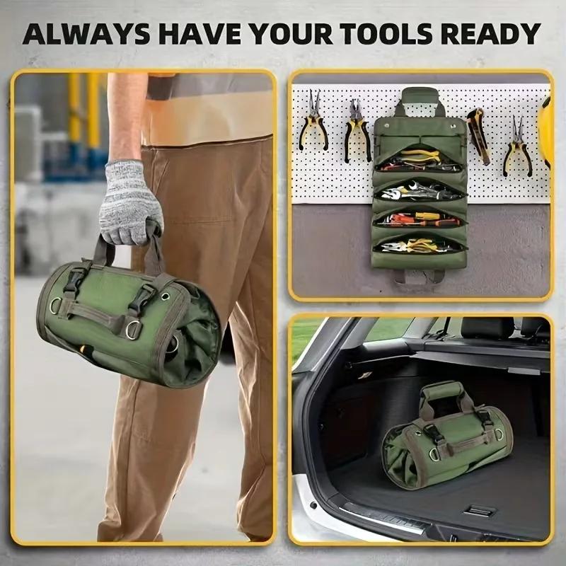 Foldable Tool Storage Bag Multiple Compartments Design with Adjustable Shoulder Strap for Auto Repair Electrician Hardware Tools