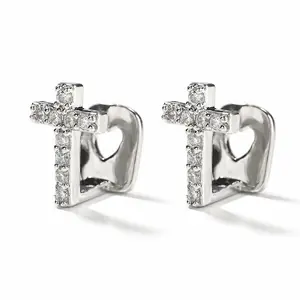2PCS Tooth Grillz Iced Out Cross Cap 5A Zircon Micro Pave Crucifix Grillz Heart Cut Out Brass Punk Hip Hop Dental Mouth Piercing Jewelry