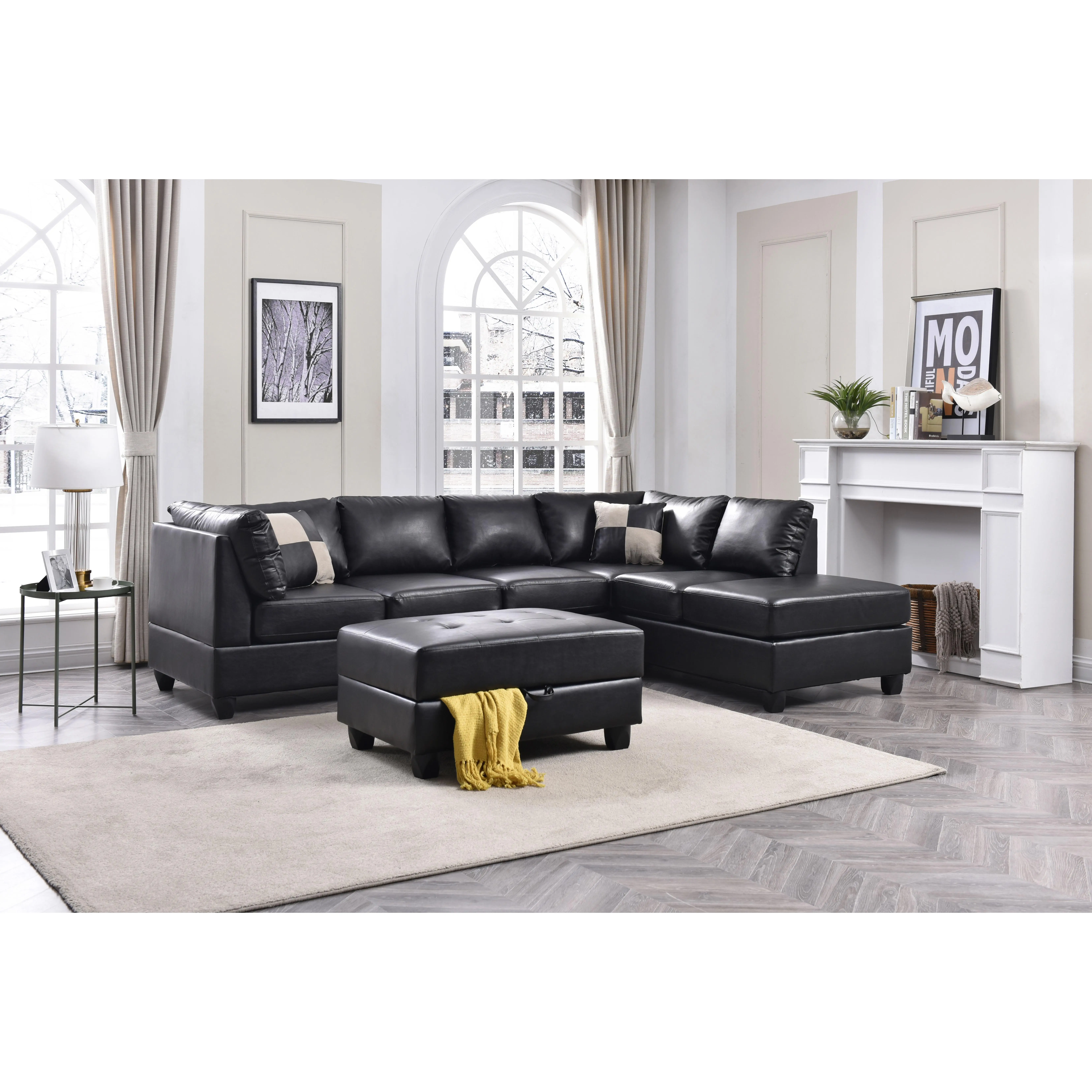 ARCH Malone Sectional Sofa Couch 3-Piece Set Black Living Room Furniture Modern Upholstered L-Shape Convertible Sectional with Ottoman for Family Room Apartment Home Theater, Living Room Furniture for Apartment, Lounge, Family Room