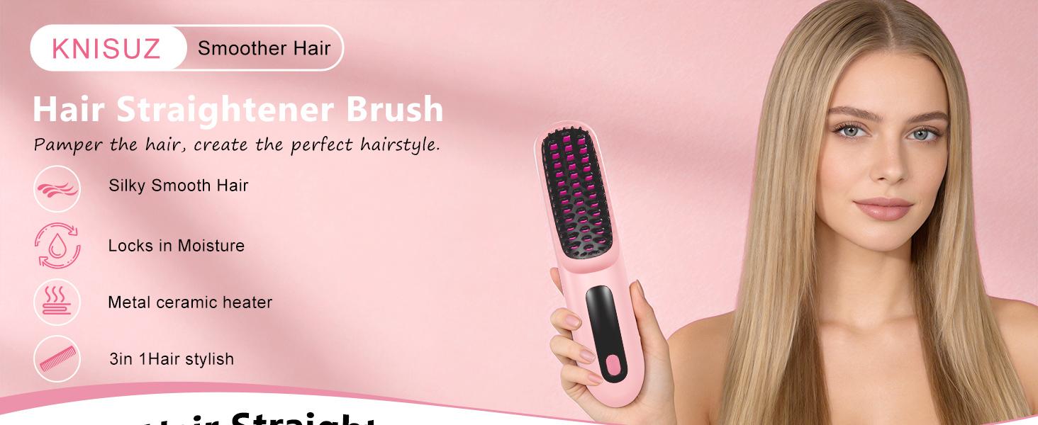 Go Brush Pro 2026, Portable Straightener Brushs for Travel, with LCD Temperature Display, Fast Heating Cordless Mini Hair Brushs (Pink)