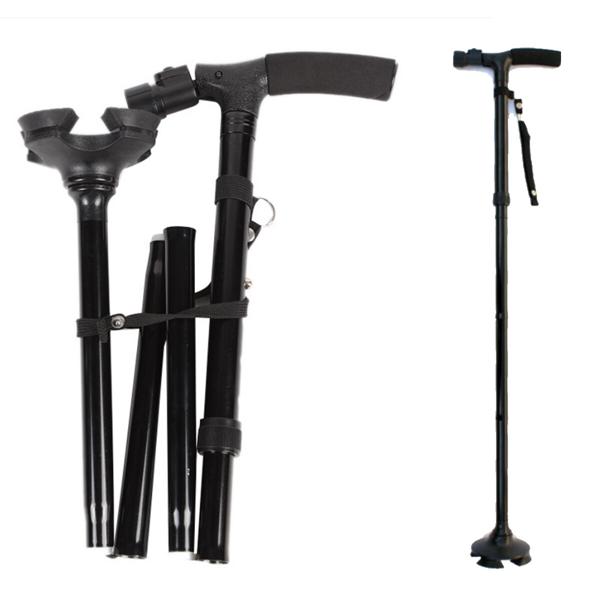 5-Level Adjustable Height Foldable Walking Stick - 360° Anti-Slip Pivoting Base, 6 Built-in LED Lights (180° Rotation), Ergonomic Foam Handle, Lightweight Aluminum Alloy, 250LBS Capacity, Portable for Camping, Black​ Healthcare  Tool Cane Equipment