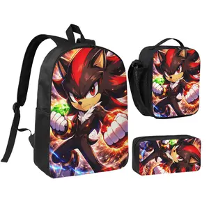Anime Shadow The Hedgehog Kids School Bag Set, Teen Boys Girls Backpack with Adjustable Shoulder Straps, Multipurpose Bookbag with Lunch Box Pencil Bag for School Travel Office Daily Use