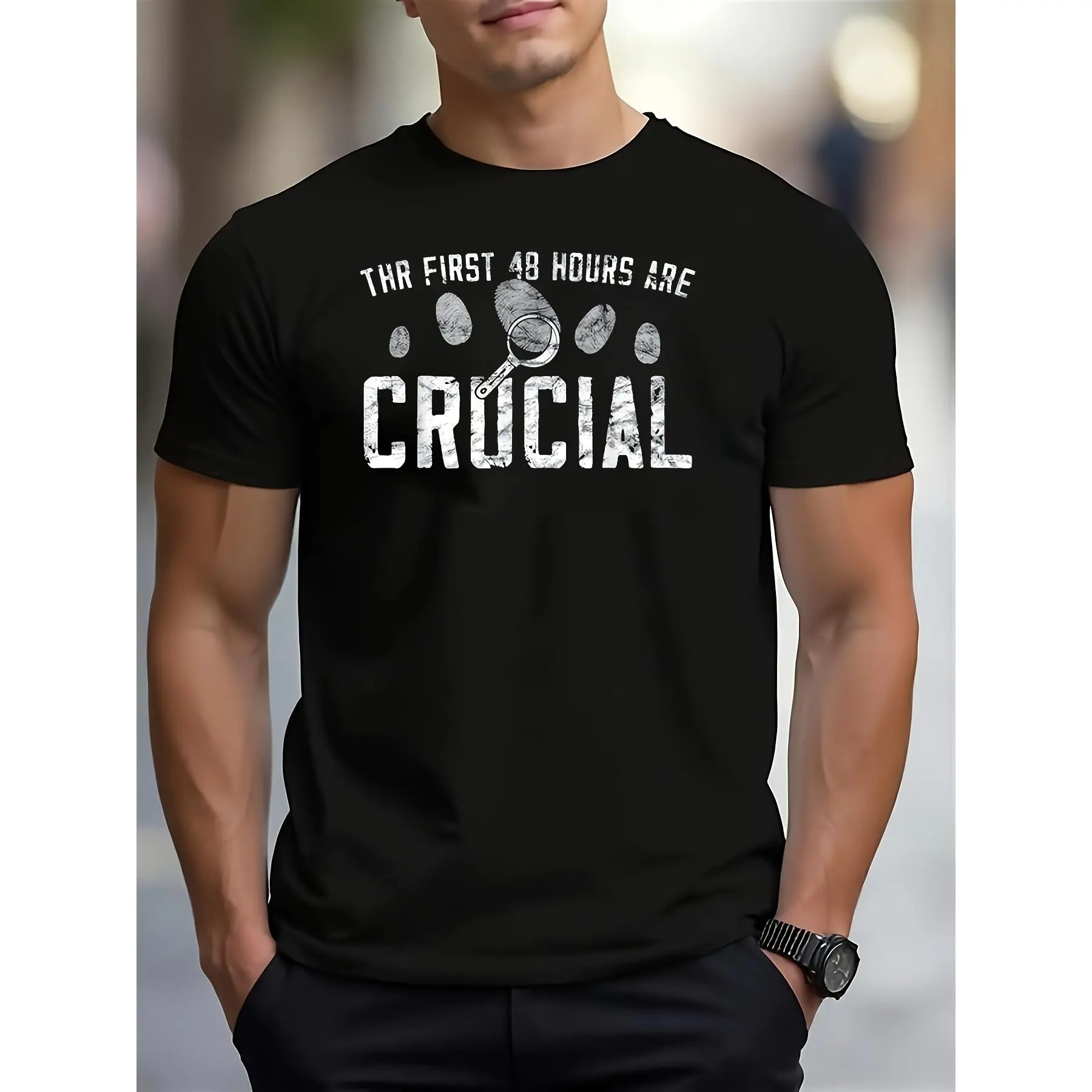 Men's Forensic Science Graphic Print T-Shirt, Menswear Retro Casual Short Sleeve Round Neck Top with Letter Slogan, 100% Cotton Streetwear