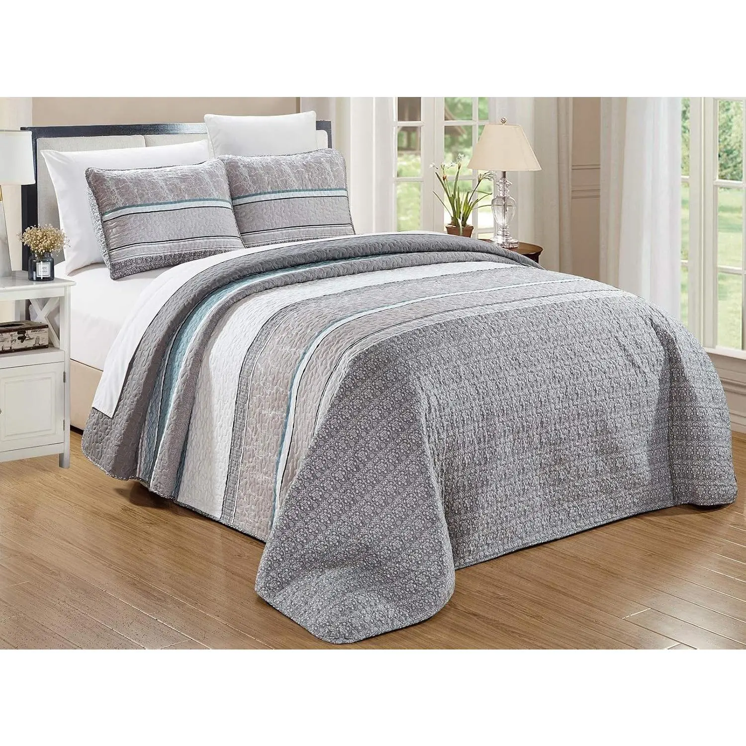 3-Piece Fine Printed (90" X 88") Quilt Set Reversible Bedspread Coverlet (Double) Full Size Bed Cover (Grey, Teal Blue, White, Stripe)