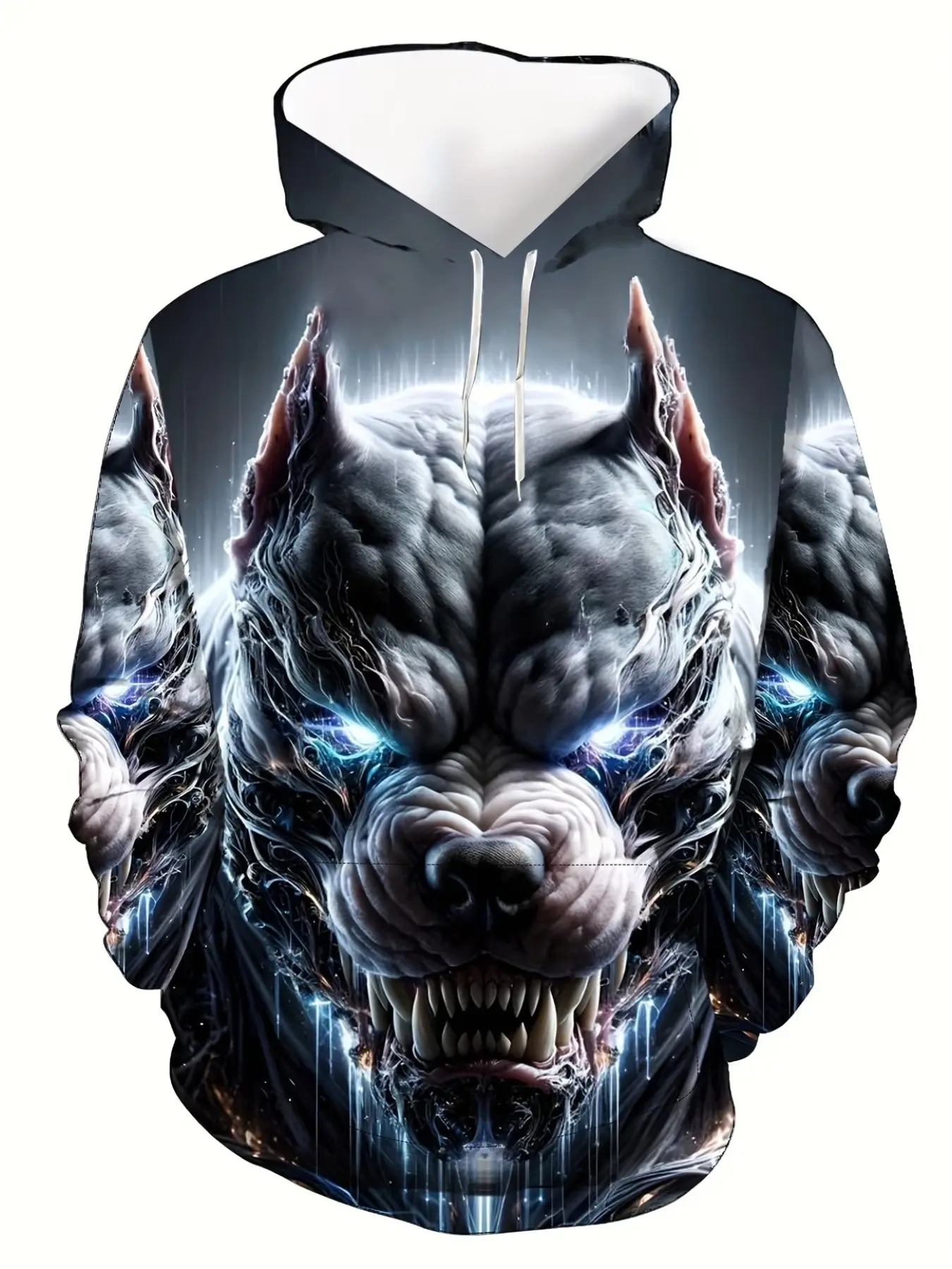 Men's Cyberpunk 3D Print Hoodie, Blue Light Mechanic Pit Bull Pattern, Loose Fit Long Sleeve Sweatshirt, Casual Streetwear Top
