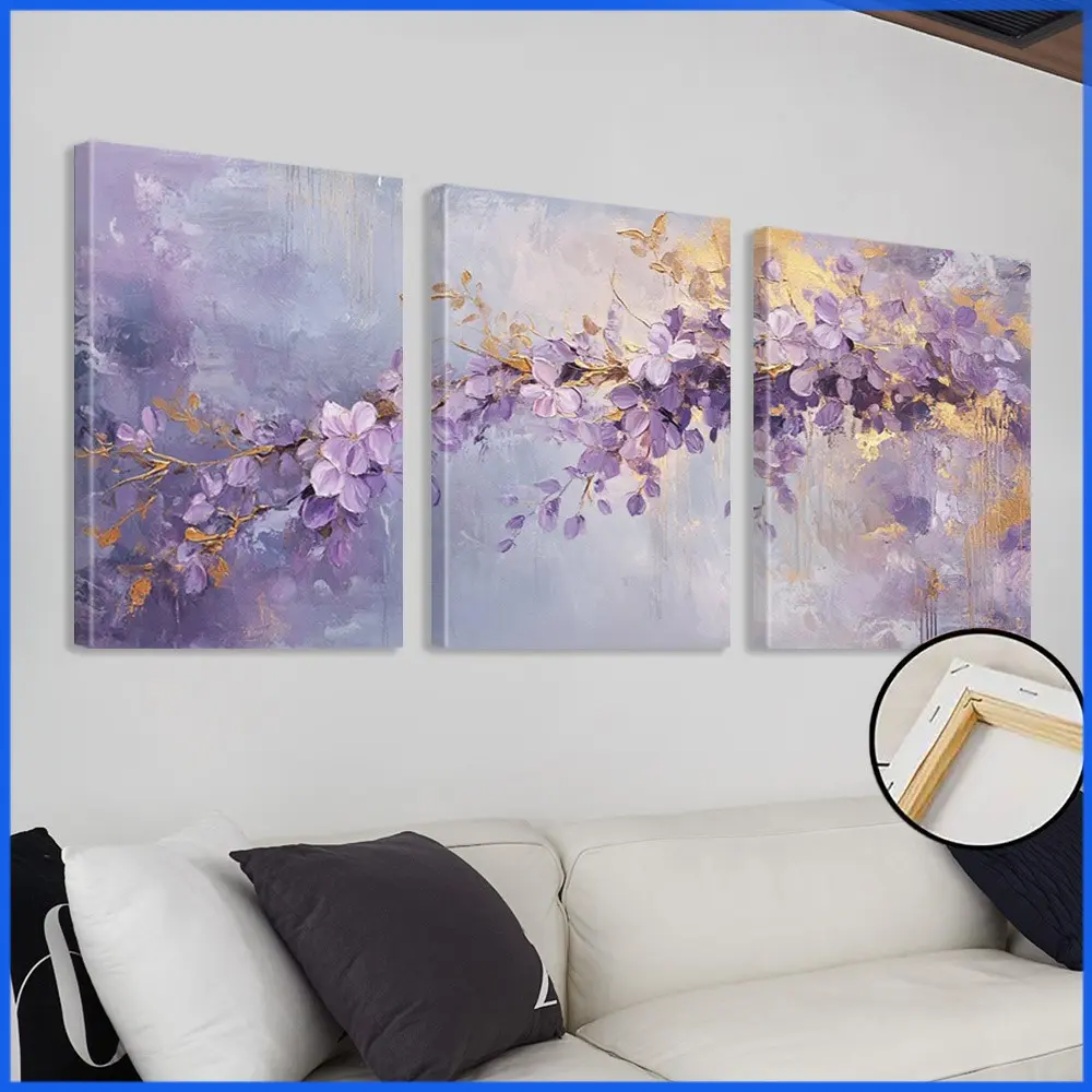 2D canvas, 3 pieces - canvas painting - purple floral abstract triptych wall art- Cheap room - Kitchen - Pictures - Fall promotion - Picture wall - Poster - Fall - Room - Bathroom - Wall - Mural - Bedroom - Home decor - Office decor - Canvas wall art - Su