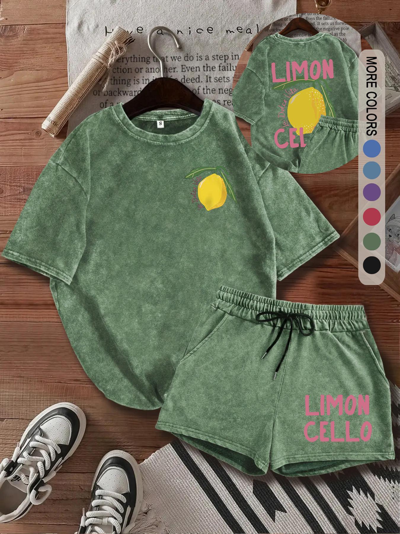 Two-Piece Set Women's Lemon Print Short Sleeve Tee & Shorts, Casual Round Neck T-shirt & Shorts, Summer Clothes for Daily Wear, Suits