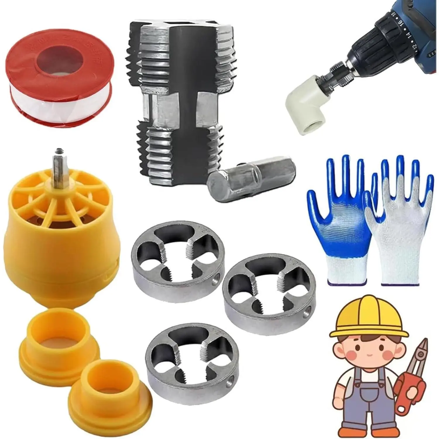 Electric Drill Compatible PVC Pipe Threader Kit, Plastic Pipe Threading Tool with 1/2" 3/4" 1" Dies, Internal & External Thread Maker for Water Pipes, Rethreading Tool for Home Repairs