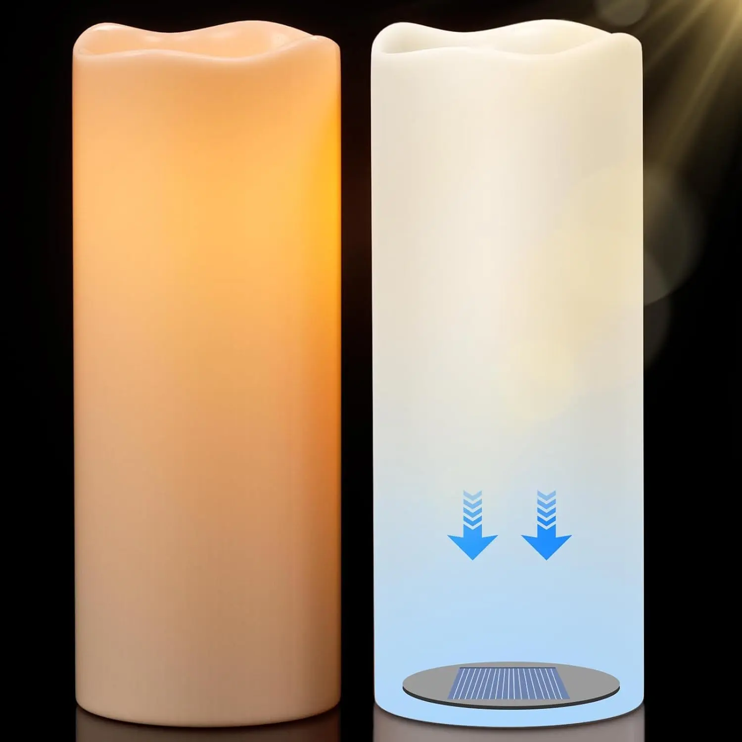 Solar Candles Outdoor Waterproof, 12” x 5” Large Solar Rechargeable Flameless Candles, LED Pillar Candle with Sensor Timer Dusk to Dawn, for Pation Gardern Outdoor Lanterns Decor(Set of 2)Gift.