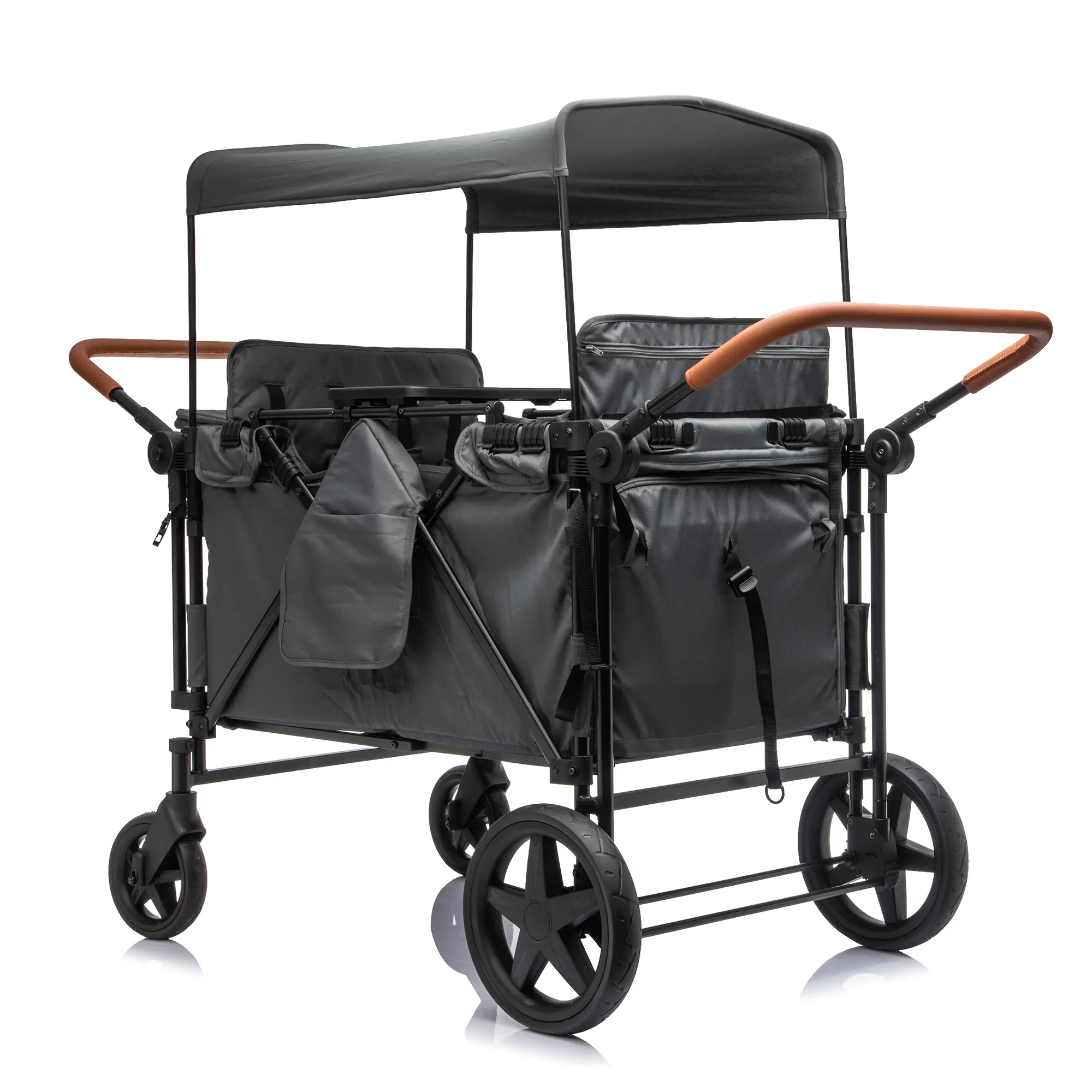 ARCH 4-Seater Stroller Wagon for Kids, Removable Seats, 5-Point Harness, Extra-Thick Steel Frame, High Load Capacity, All-Terrain PU Wheels with Suspension, One-Step Brake, Dual Leather Handles, Multi-Zone Storage, Foldable, Gray, Gray Color Options