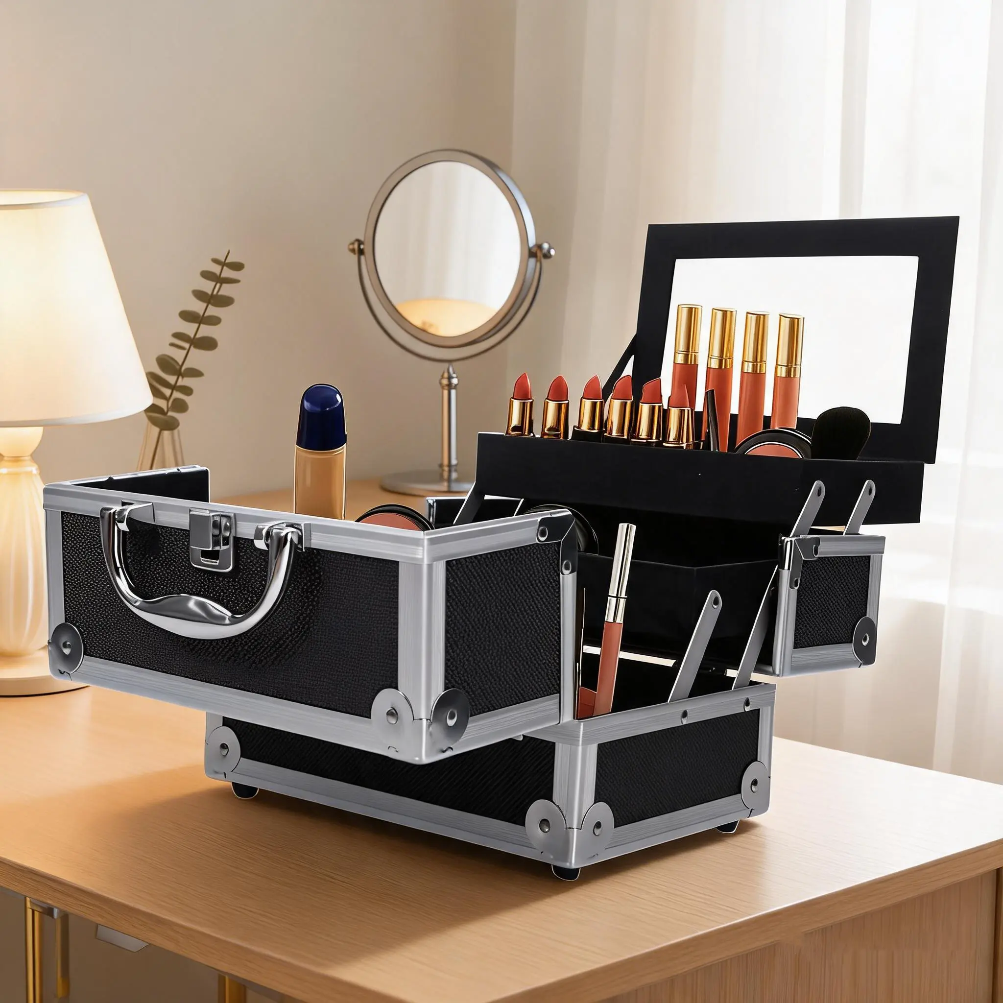 Makeup Train Case Black with Mirror, Portable Travel Cosmetic Storage Box, Professional Nail Polish Organizer, Lockable Makeup Carrier for Salon Barber Home Travel