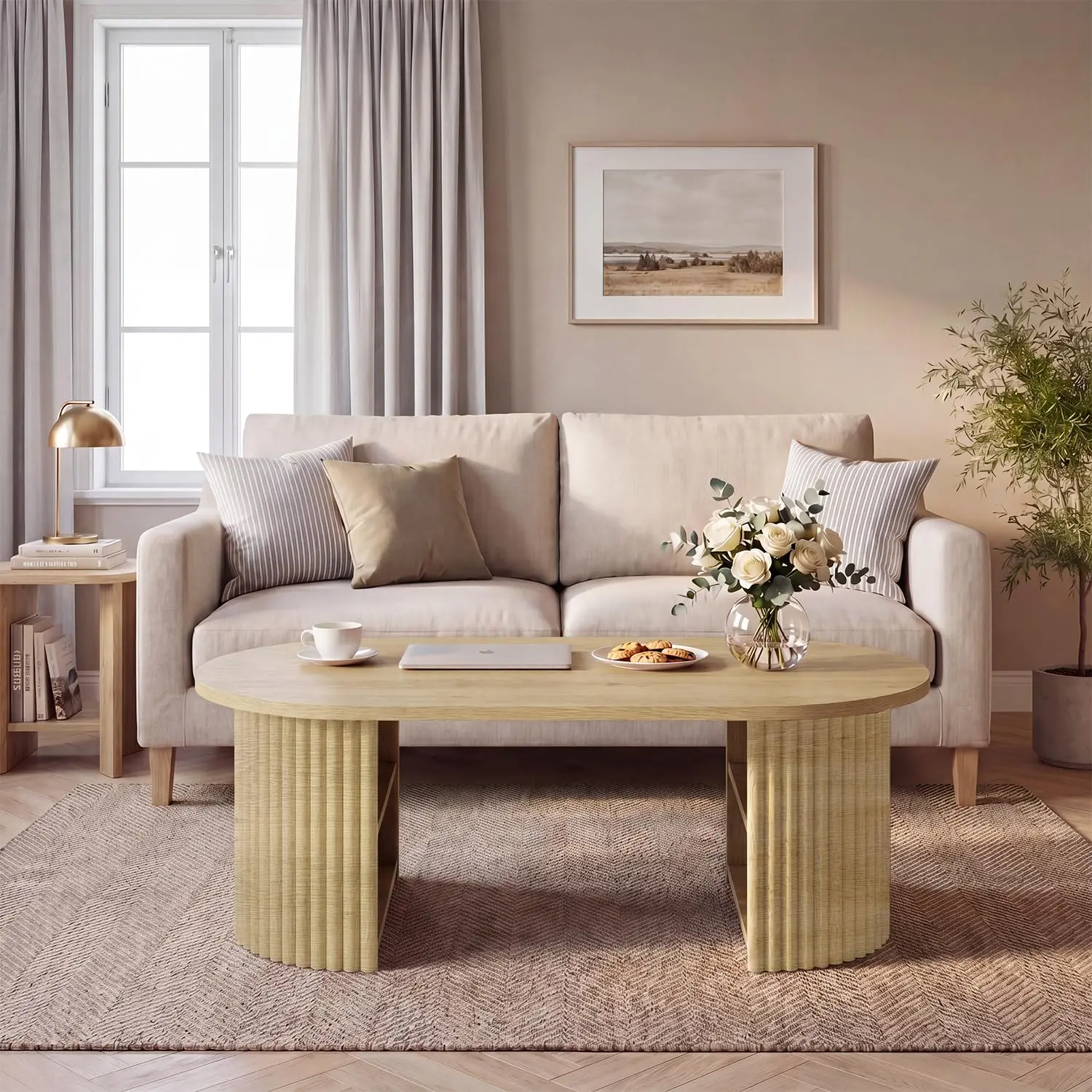 39" Fluted Coffee Table with Storage, Modern Oval Center Table for Living Room, Small Space Side Table with Open Shelf, Wood Table for Home Office & Apartment Decor