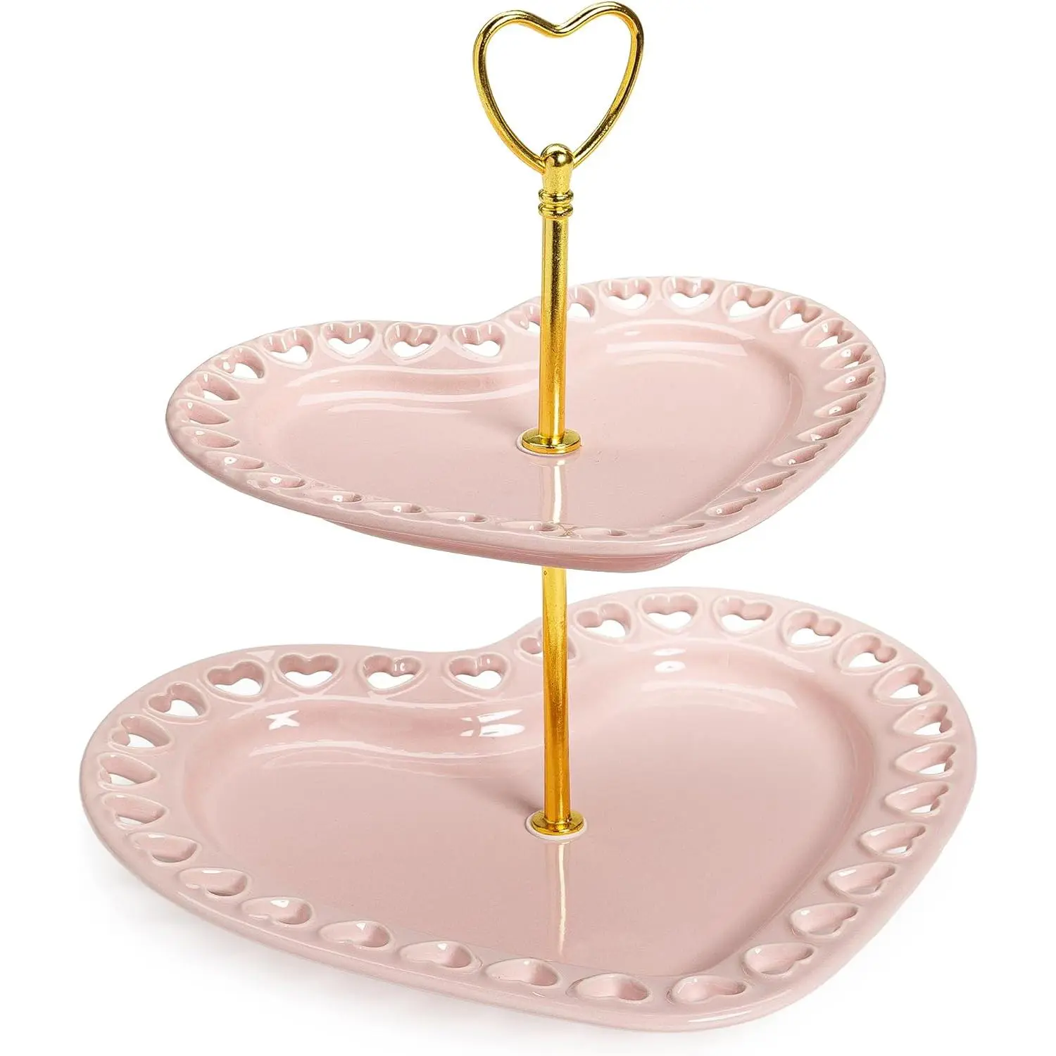 2-Tier Heart Ceramic Stoneware Serving Tray - Small Glossy BPA-Free, 9-in & 7-in Service Plates with Metal Handle, Easy to Assemble, Pink for Brunches & Parties, Kitchen Tabletop Stylish Display