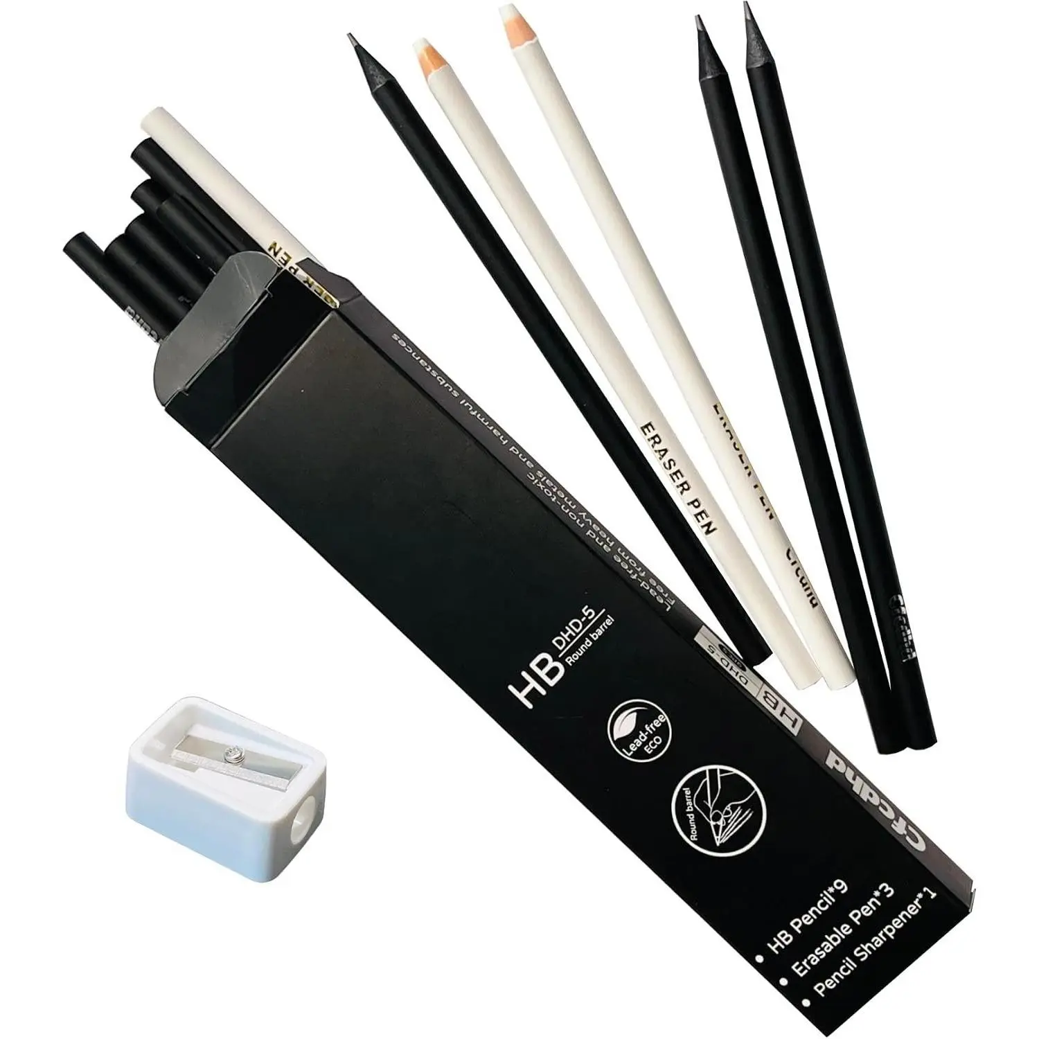 #2 HB Pre-Sharpened -Cased Graphite Pencils 9 Pack | 3 Pencil-Style Erasers & 1 Pencil Sharpener,Ideal for Writing, Drawing & Sketching,  for Students, Adults, Artists