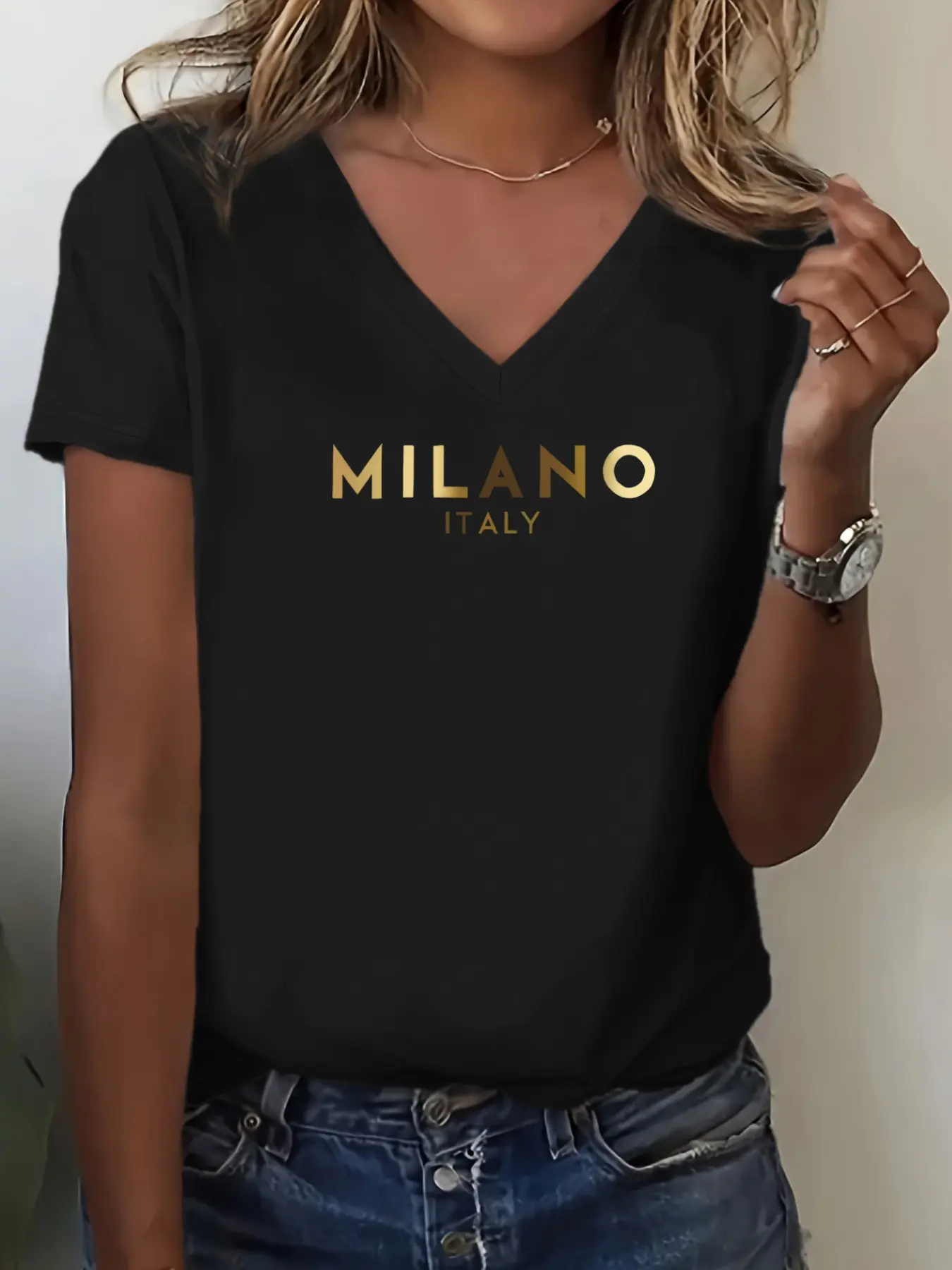 Women's V-Neck Short Sleeve T-Shirt, Milan Letter Print, Casual Sporty Style, All Seasons, Fashion Essential