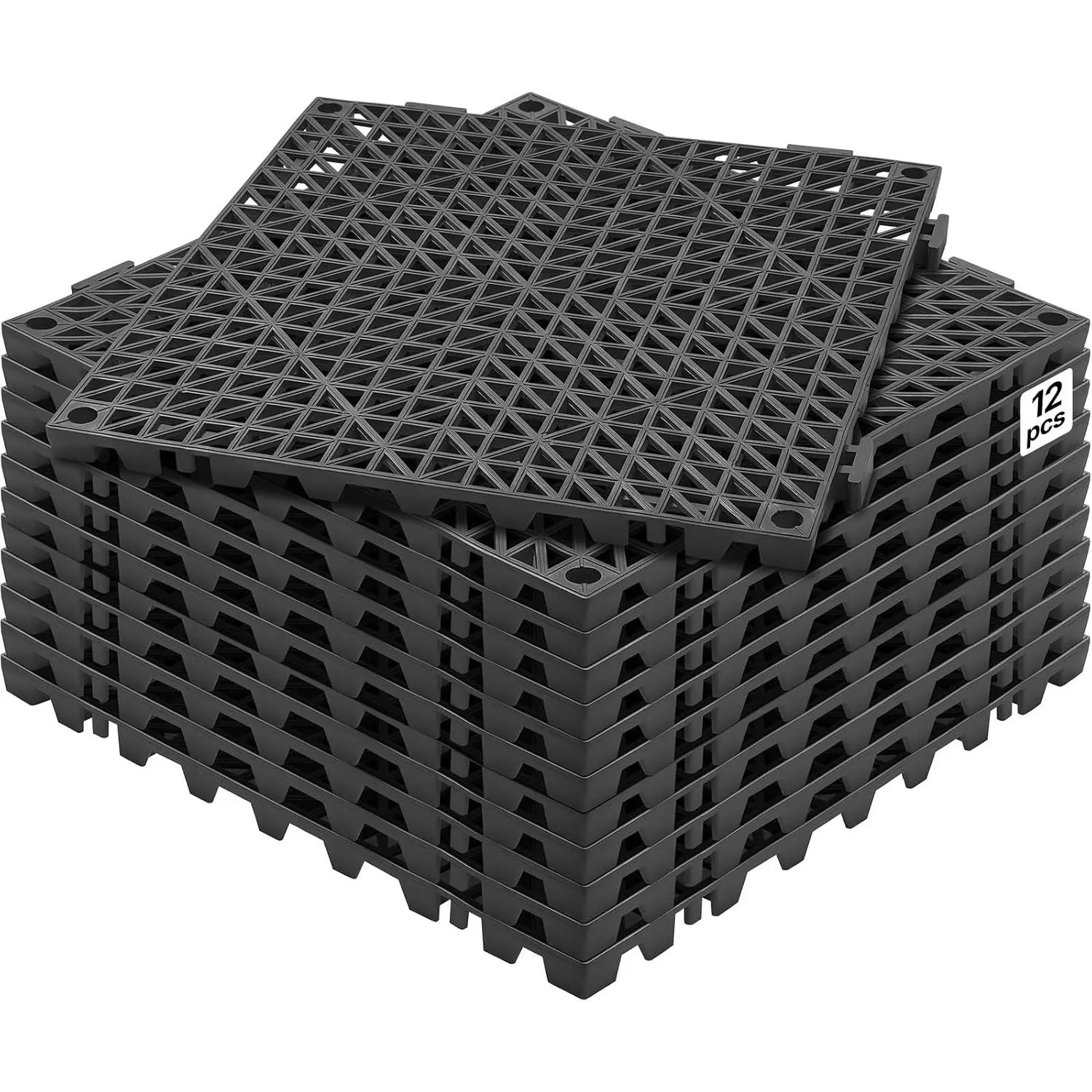 Modular Interlocking Cushion, 12 Pack 12" x 12" Splicing Drainage Mats, Soft PVC Interlocking Drainage Floor Tiles, Non-Slip Drainage Holes for Restroom, Bathroom, Kitchen, Pool, Wet Areas, Blac
