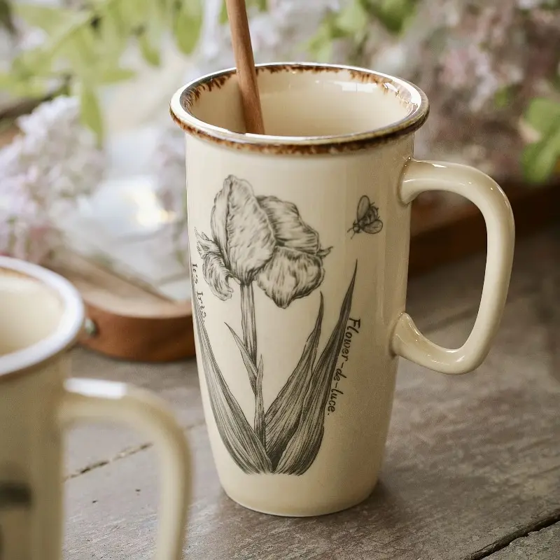 Ceramic Mug Retro Floral, French Style Large Coffee Tea Cup for Home Office, Vintage Porcelain Latte Water Glass