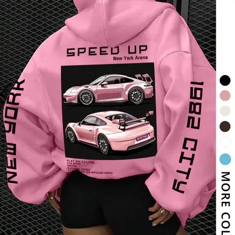 Women's Letter & Car Print Drop Shoulder Loose Long Sleeve Thermal Lined Hoodie, Fashion Drawstring Pocket Hooded Sweatshirt for Daily Holiday Outdoor Wear, Women Clothing Womenswear for Fall & Winter, Lady with Hood