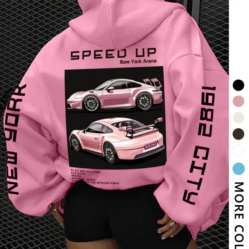 Women's Letter & Car Print Drop Shoulder Loose Long Sleeve Thermal Lined Hoodie, Fashion Drawstring Pocket Hooded Sweatshirt for Daily Holiday Outdoor Wear, Women Clothing Womenswear for Fall & Winter, Lady with Hood
