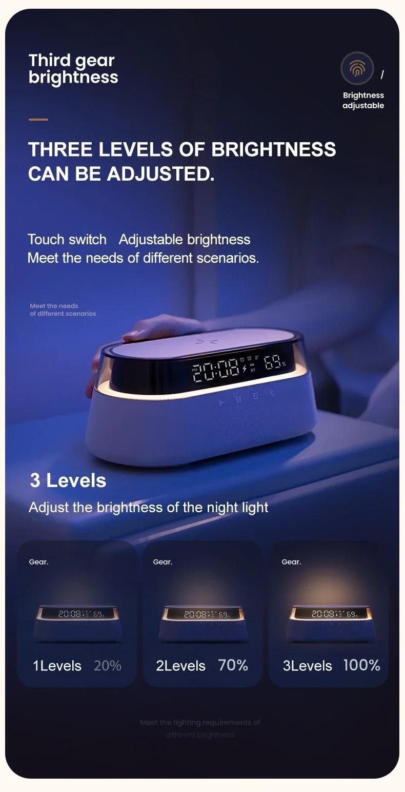 6-in-1 Smart Speaker Alarm Clock 15W Wireless Charger Bluetooth Music Player with Snooze Function