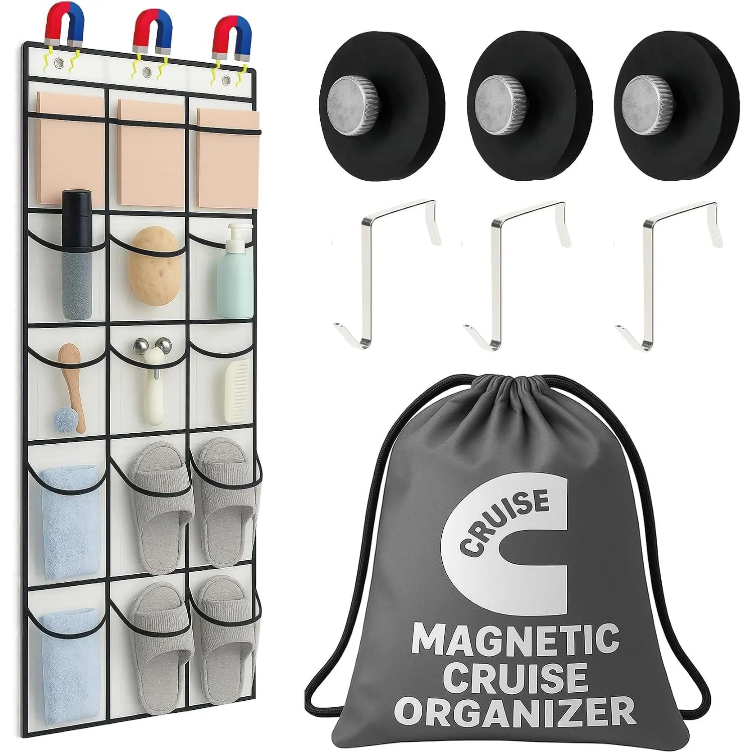 Cruise  Door Organizer with Hooks, 15 Large Pockets,  Anti-Scratch , Over-the-Door  Storage for Cruise Cabin Essentials, Space Saving Cruise Door Organizer