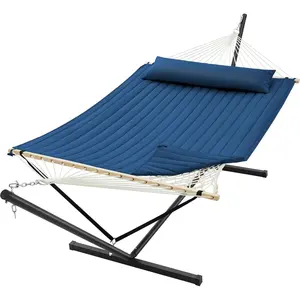12ft Double Hammock with Stand, Rope Hammock for 2 Person, Detachable Hammock Bed and Pillow, Portable, Anti-Tip Safety Ropes, Carry Bag, Outdoor Backyard Patio Camping, Navy Blue