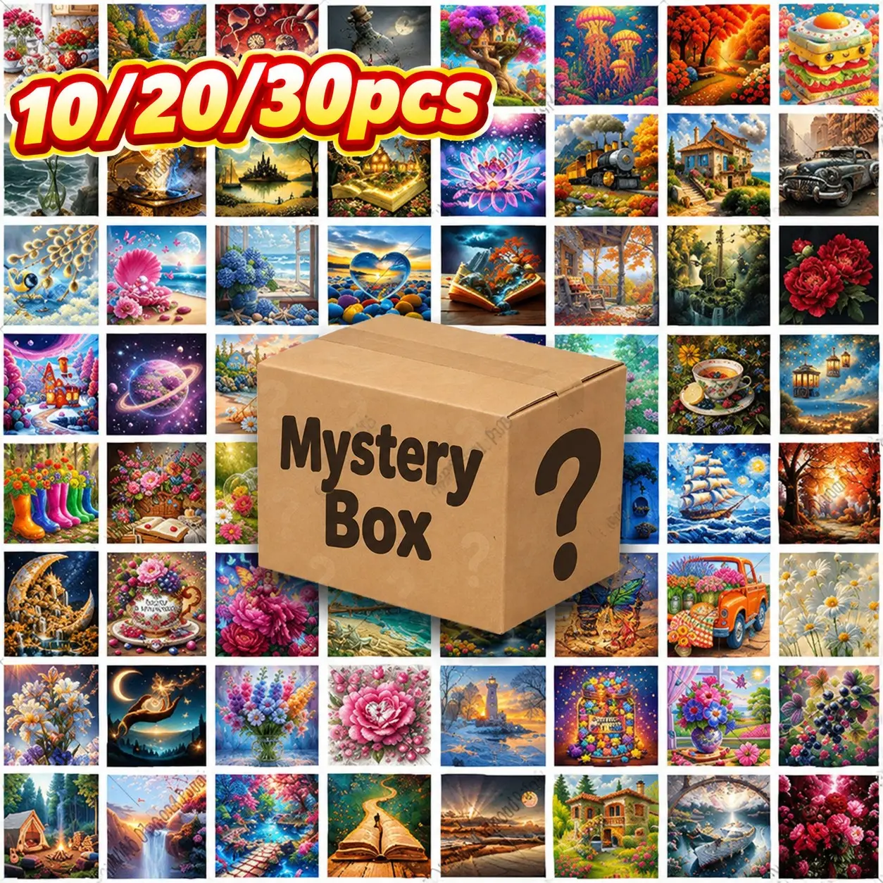 10/20/30‑Piece Mystery Box Diamond Painting Set, Diy Kits, 20×20cm Full Drill Random Patterns, DIY Handcraft, Ideal for Halloween & Christmas Parties, Family Get‑togethers, Art Class Projects, Relaxing Hobby Gift for Beginner Adults