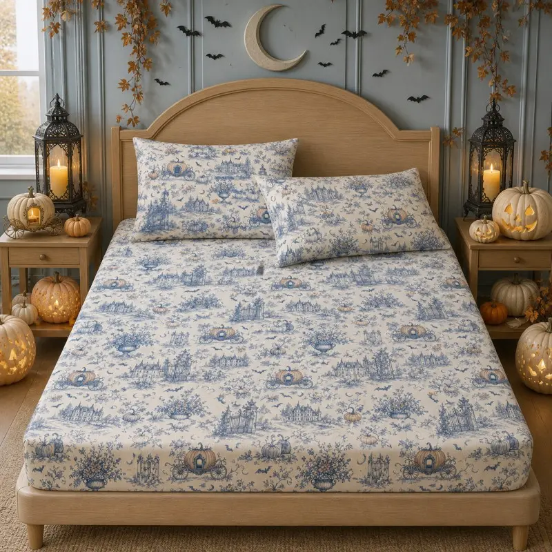 3pc Digital Print Bed Fitted Sheet, Soft Breathable Halloween Pumpkin Car Pattern, All Seasons, Includes 1 Bed Fitted Sheet and 2 Pillowcases