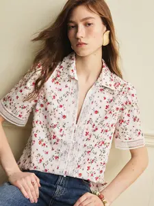 French Floral Shirt Women Summer New V Neck Lace Patchwork Short Sleeve Top, Elegant Office Blouse, Soft and Chic Style