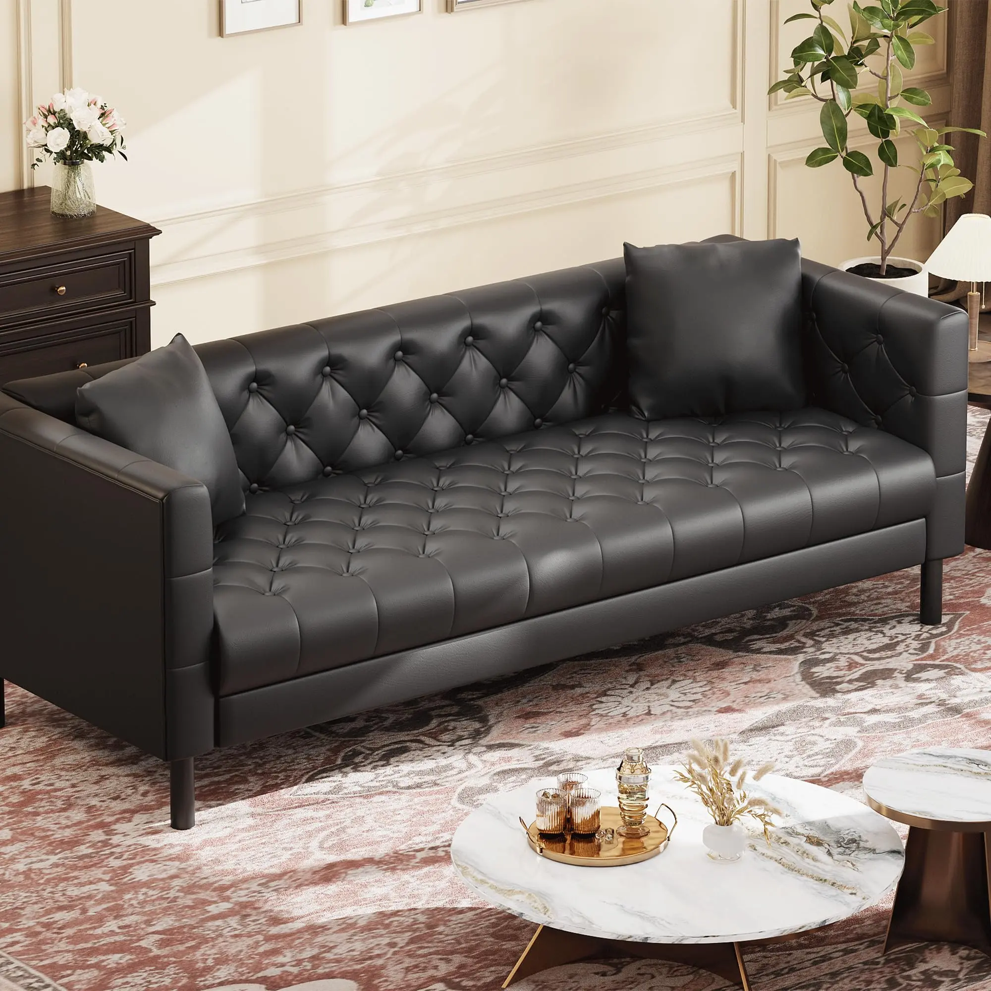 Mid-Century Modern Chesterfield Sofa – 81" Faux Leather 3-Seater Couch, Deep Seat, Handmade Button Tufting, 2 Pillows, Comfortable Upholstered Seating for Living Room, Apartment, or Office