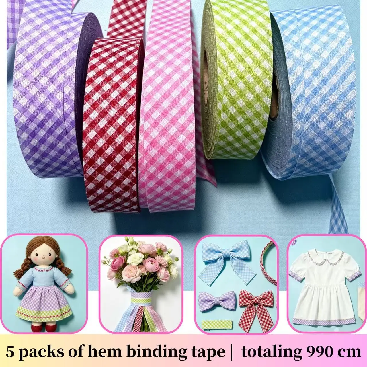 5-Pack Colorful Plaid 3cm Binding Tape, Non-Elastic Polyester, Ideal for DIY Crafts, Clothing Hemming, Shoe Decor, Party Gifts, Floral Arrangements