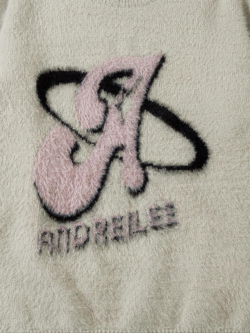 Casual Loose-Fitting Men's Gender-Neutral Sweater with Letter Pattern, Stylish Round Neck Long Sleeve Knit Loose Casual Pullover for Fall & Winter