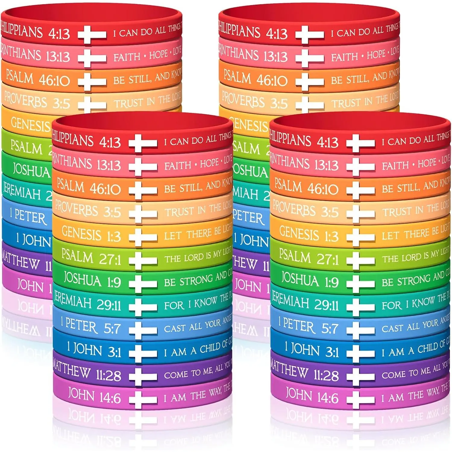 120 count Christian Rubber Bracelets Bulk  Verse  Scripture  Wristbands Christian Gifts for Sunday School Prizes   Bracelets - 7.5" 12 Designs (Rainbow Colors)