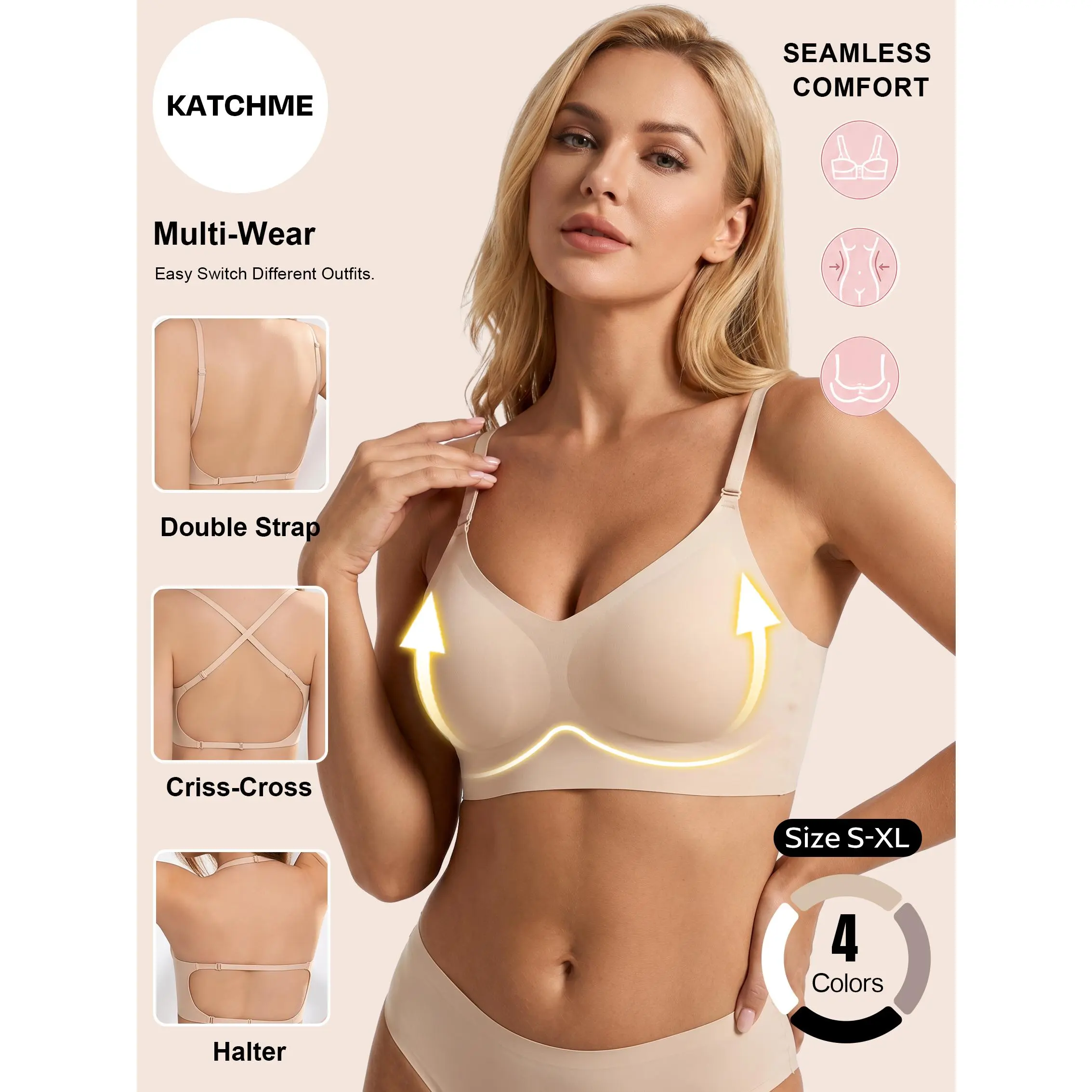 KatchMe COZY Women's Versatile Seamless Thin Strap Wirefree Push-Up Bra, Jelly Support Backless Convertible Multi-Style Bra for Daily Wear, Moisture-Wicking No Irritation Skin-Friendly Fabric