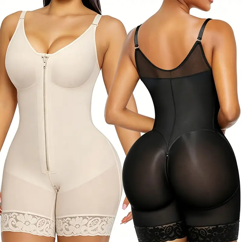 Women's Full Body Shaper with Bra, Zipper Front Tummy Control Shapewear, Butt Lifter Thigh High Compression Waist Trainer Bodysuit jumpsuit