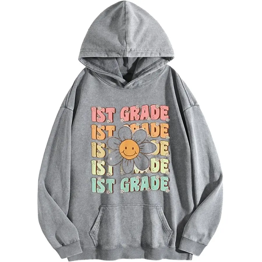 Women's WAYII Vintage Washed Oversized Pullover Hoodie - 1st Grade Sunflower Smile Print, Aesthetic Polyester, Casual for Back to School, Gym; Paired with Jeans, Leggings, Everyday, Loungewear