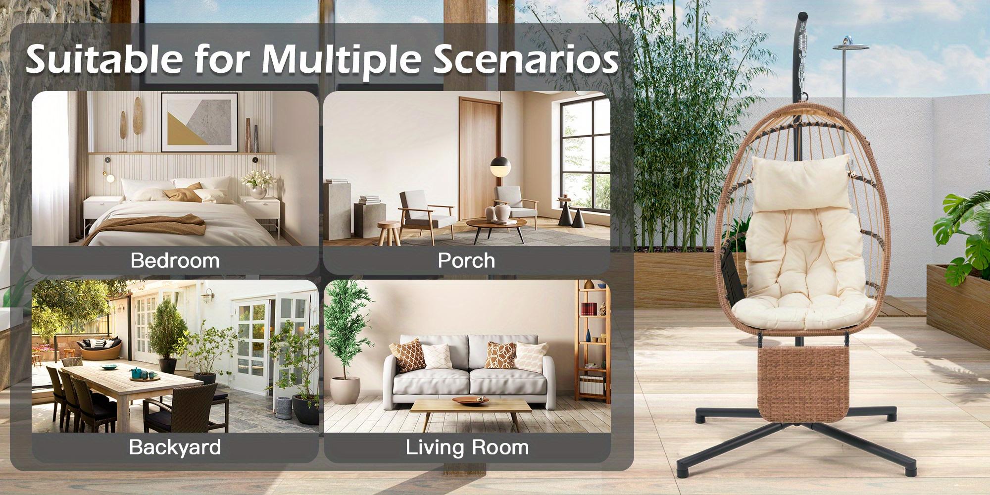 Hanging Egg Chair for 1, with Stand & Removable Leg Rest, Foldable Indoor/Outdoor Swing Chair, Including Cushion and Pillow, Patio Wicker Swing, Hammock Chair for Patio, Bedroom, Balcony, Beige