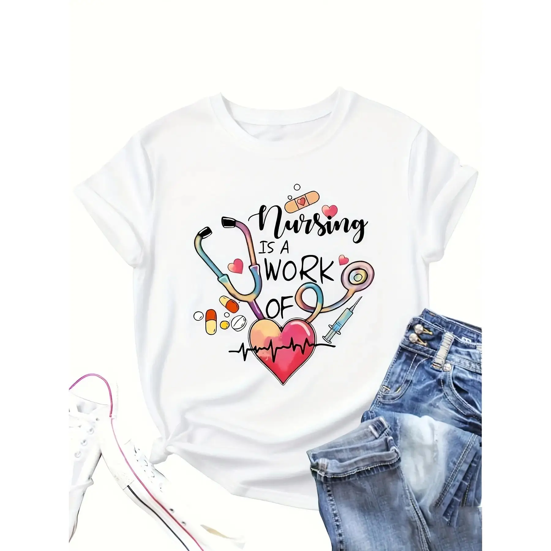 Women's Nursing Short-Sleeve Crew Neck T-Shirt - Light Yellow Heart Stethoscope Design - 180g Soft Breathable Cotton Fabric Casual Top for Nurses - Work Gear, Nurse Gifts, Travel Friendly, Shortsleeve, Tshirt, Fit, Knit, Regular Fit, Heart Stetho.
