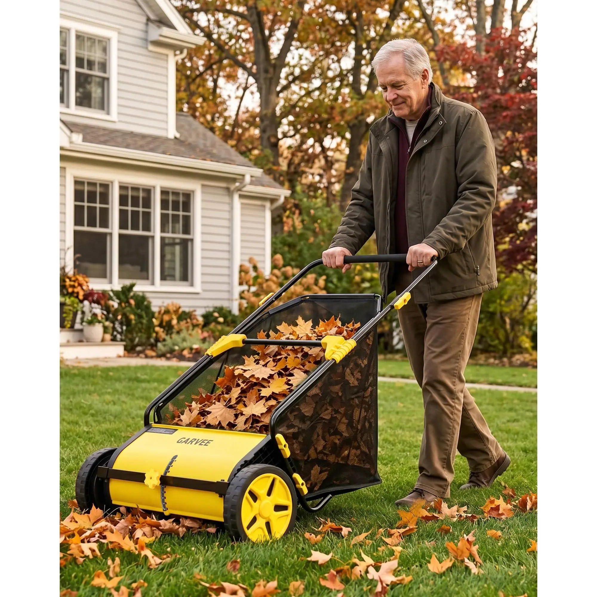 26-Inch Push Lawn Sweeper – Heavy Duty Steel Frame, 7 cu ft Mesh Collection Bag, 10" Rubber Wheels, 4 Rotating Brushes, Adjustable Height – Ideal for Leaves, Grass & Yard Debris