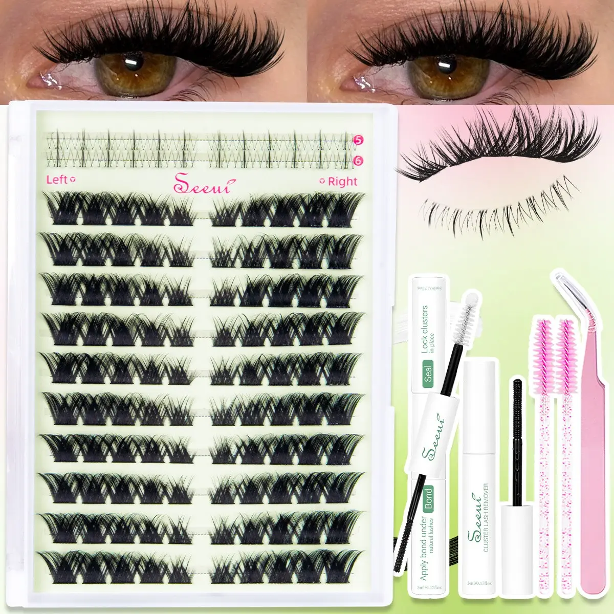 Cat Eye Natural Thick DIY Lash Clusters Kit, Foxy Soft Lashes, Spike Manga Lash with Bottom Lash, Spiky Eyelash Clusters, Faux Mink Lashes, Soft Lightweight Curled Eyelashes, Waterproof Long-Lasting, Includes Bond&Seal, Remover, Brush, Tweezers