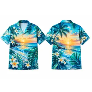 Tropical Beach Sunset Hawaiian Button Up Shirt for Men & Women, Lightweight Polyester Short Sleeve Vacation Shirt with Ocean Wave, Palm Tree, Plumeria Flower & Island Graphic Print, Summer Cruise Resort Casual Top