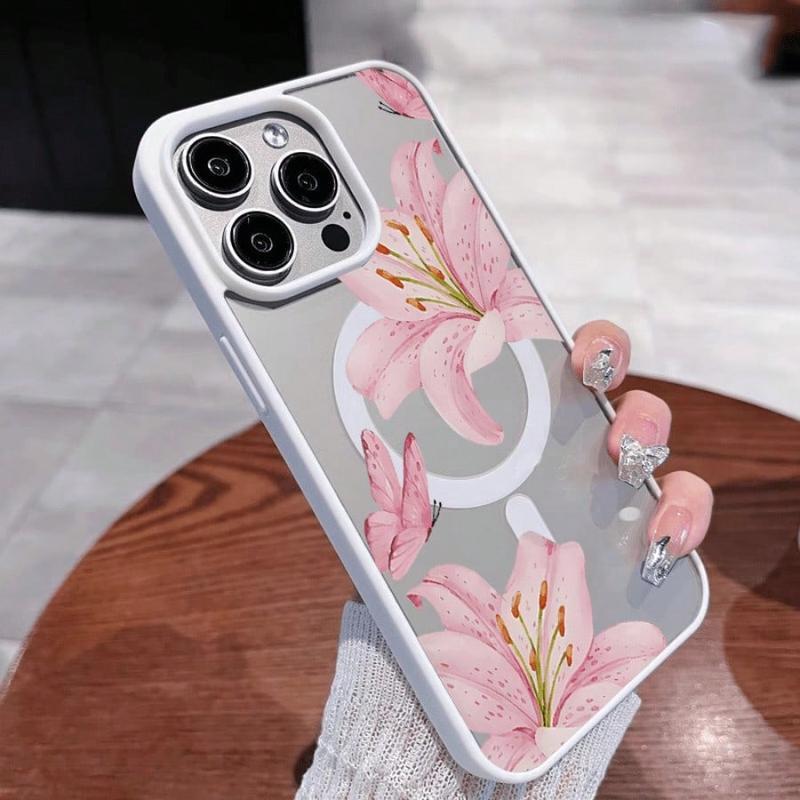 Pink Lilies Magnetic Phone Case for iPhone 17/16/15/14/13/12 Pro Fashionable Pattern Design Transparent Shockproof Classic Gift Ultra-Thin Protective Smartphone Cover Lotus