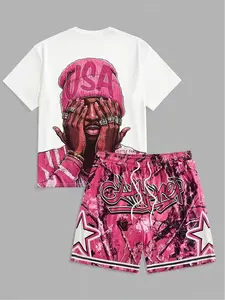 Hip Hop Usa Man Print Tee, Camo Star Shorts, 2 Piece, Matching, Loose-Fitting, Street Style, Unlined, Raised-Fiber Surface