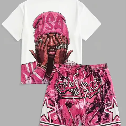 Hip Hop USA Man Print Tee and Camo Star Shorts, 2-Piece Matching Outfit, Casual Matching Sets, Loose-Fitting, Street Style, Unlined, Raised Fiber Surface, Streetwear, Round Neck